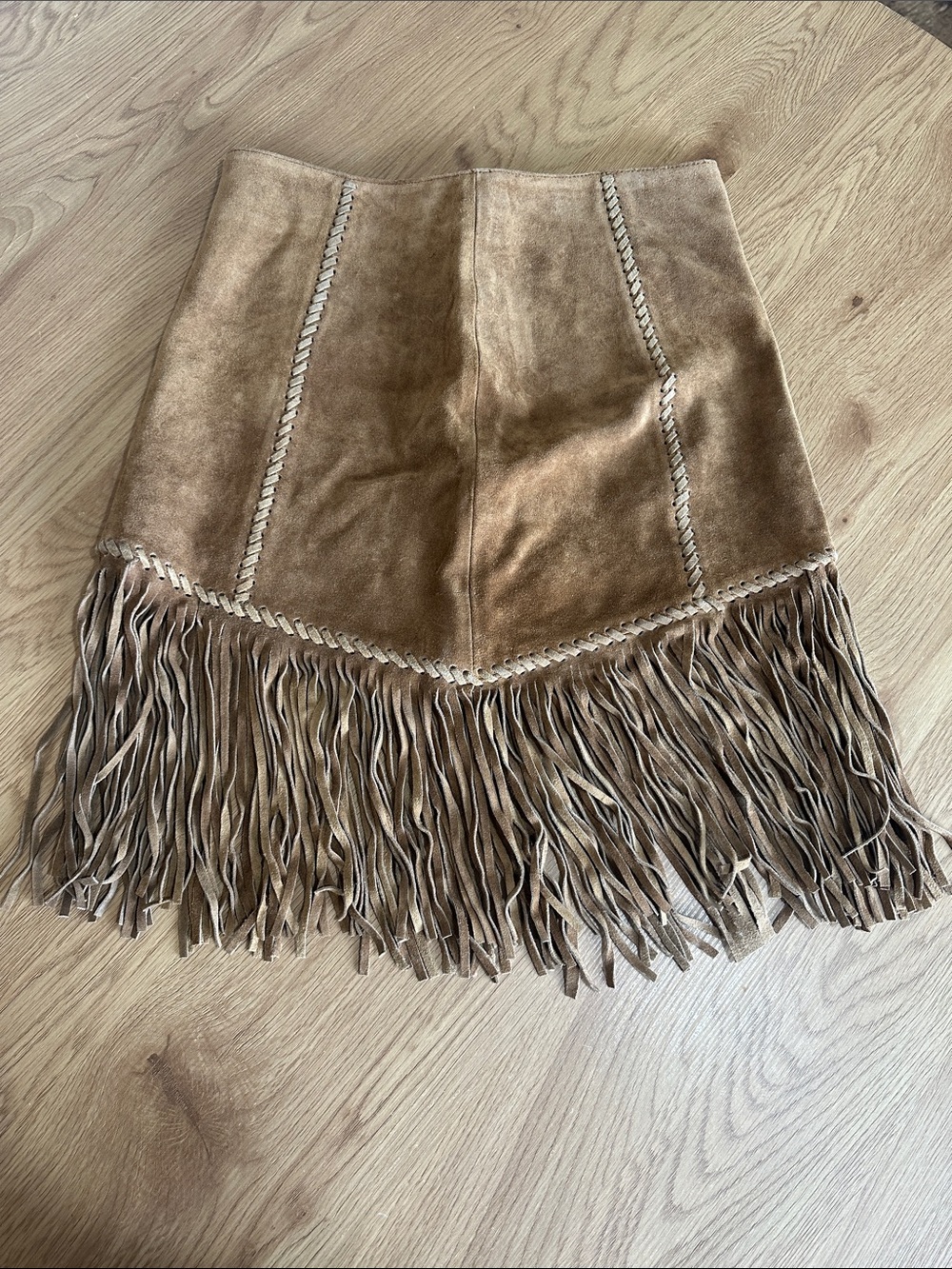 Fringe Suede Mini Skirt in Tan